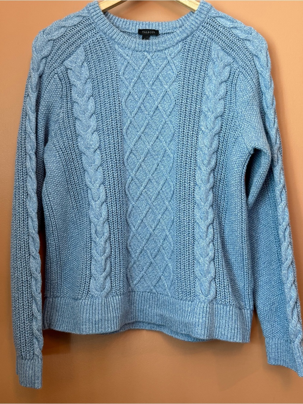 Talbots Women’s Large Blue 100% Cotton Cable Knit Crewneck Preppy Sweater